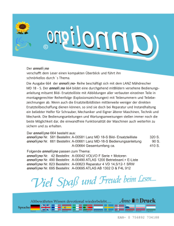 LANZ Mähdrescher Typ MD 18 –S Bild- Bedienungsanleitung & Bild- Ersatzteilliste & Explosionszeichnungen - annoligno 664